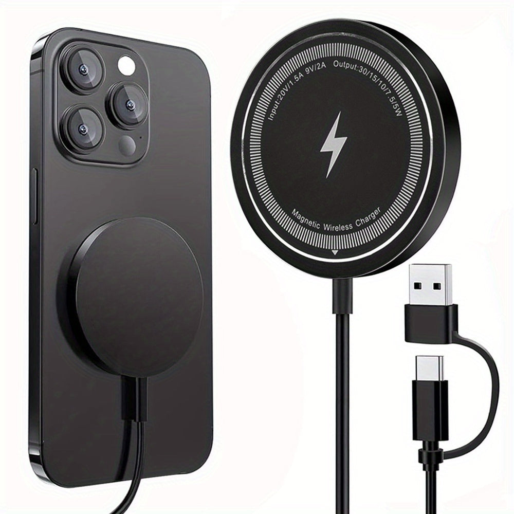 MagSafe Compatible 15W Wireless Charger Pad for iPhone and Airpods Dual USB-C and USB-A Input Black