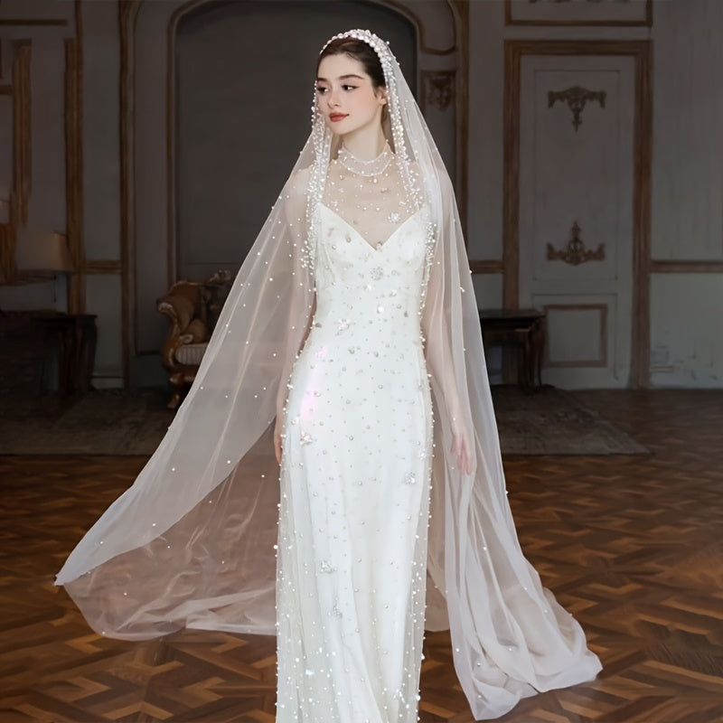 Bridal Veil Long Train Beaded Detail Polyester Wedding Accessory