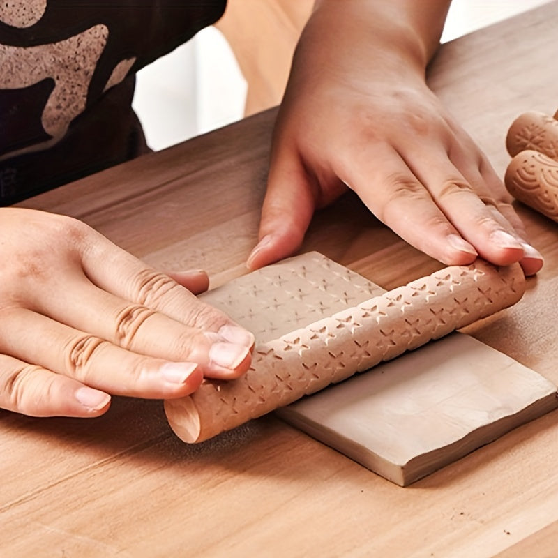 Embossing Rolling Pin for Dough Shaping, Wooden Kitchen Tool for Pizzas and Cookies