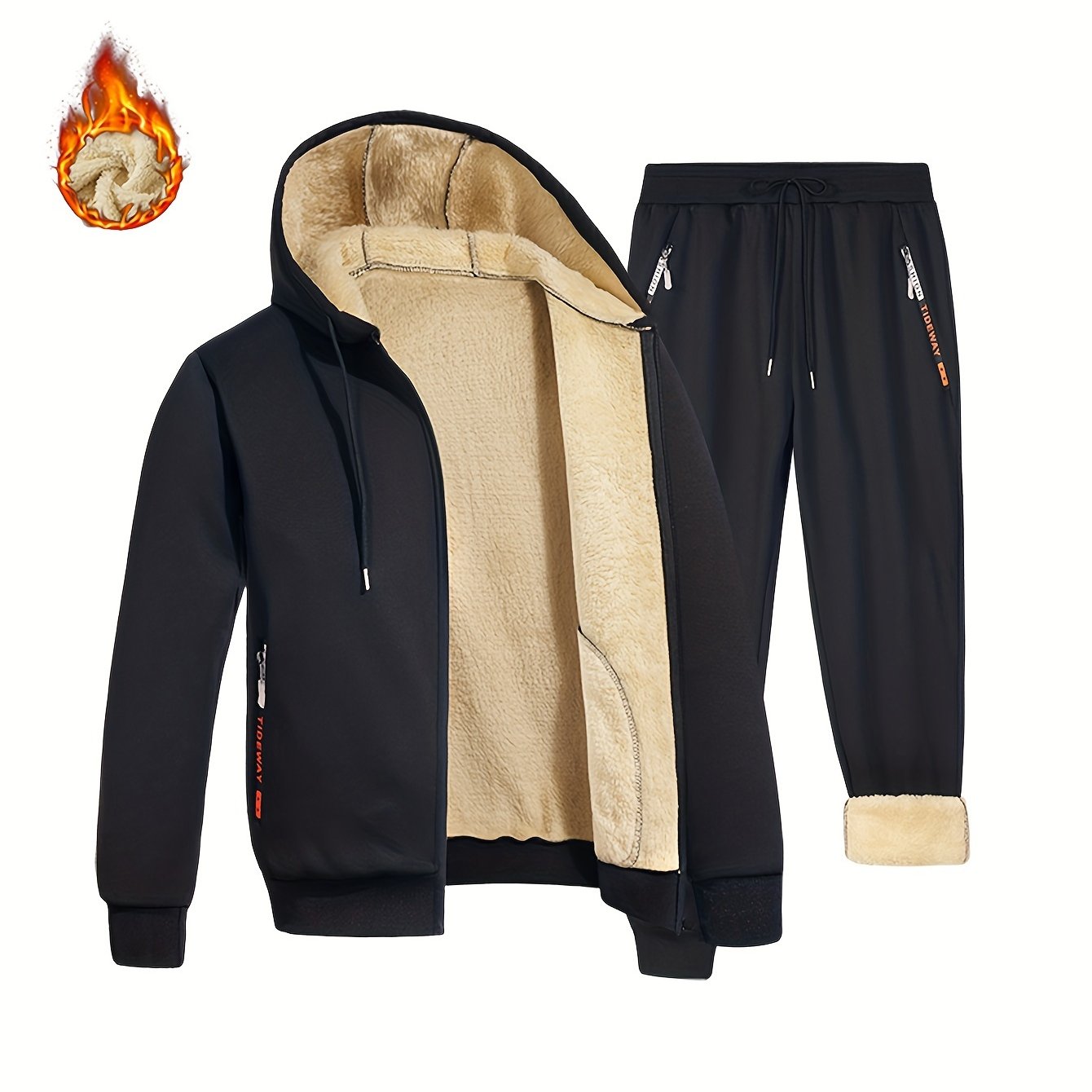 Men's Fleece Lined Tracksuit Set Hooded Zip-Up Coat and Drawstring Pants for Fall Winter