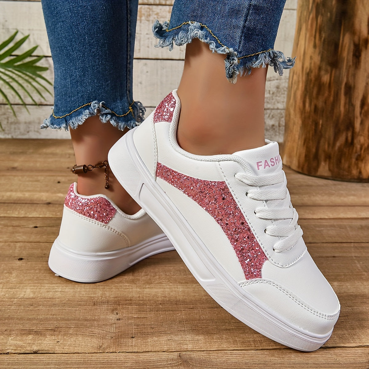 Women's Sequin Casual Sneakers Lace Up Lightweight Glitter Low-Top Shoes
