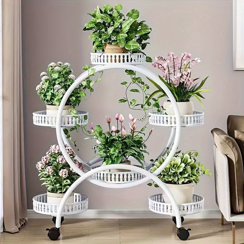 European-Style Metal Hanging Plant Stand with Wheels Multi-Level Indoor Outdoor Circular Design