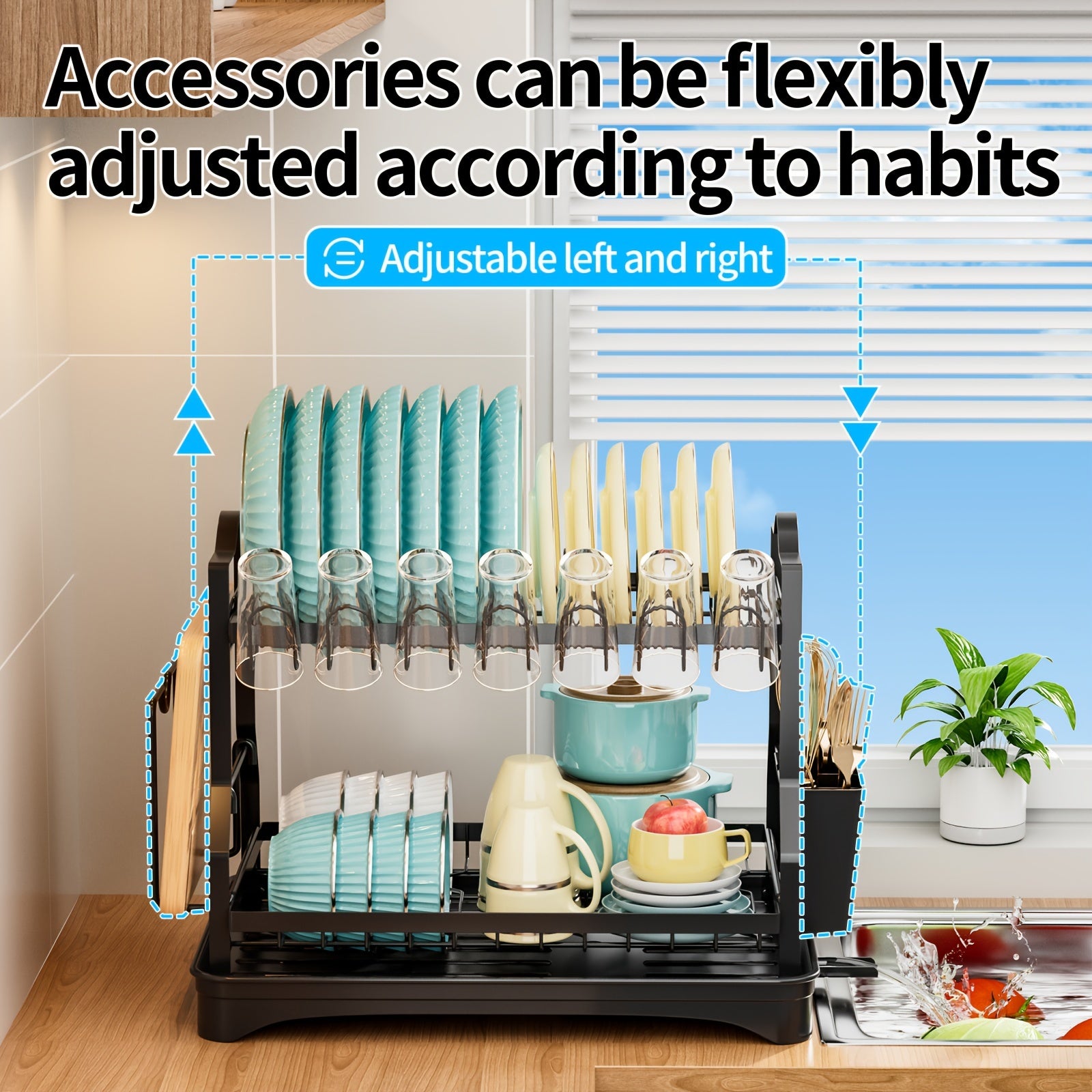 2-Tier Kitchen Organizer Rack with Drain Pan Space-Saving Dish and Utensil Storage