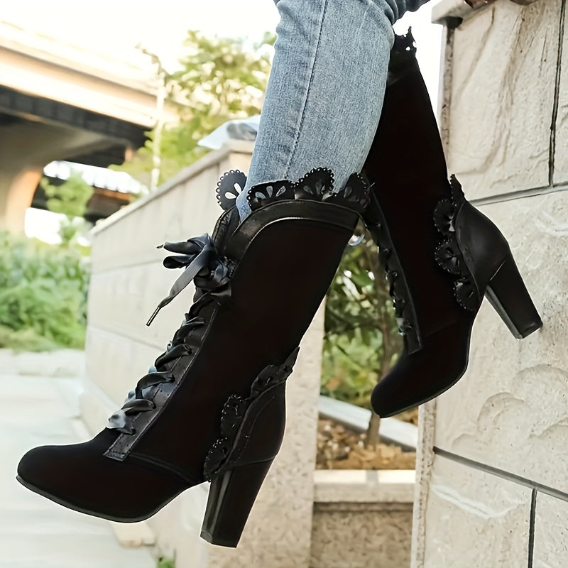 Women's Ankle Boots Lace-Up Black Fabric Mid-Heel Casual Stylish