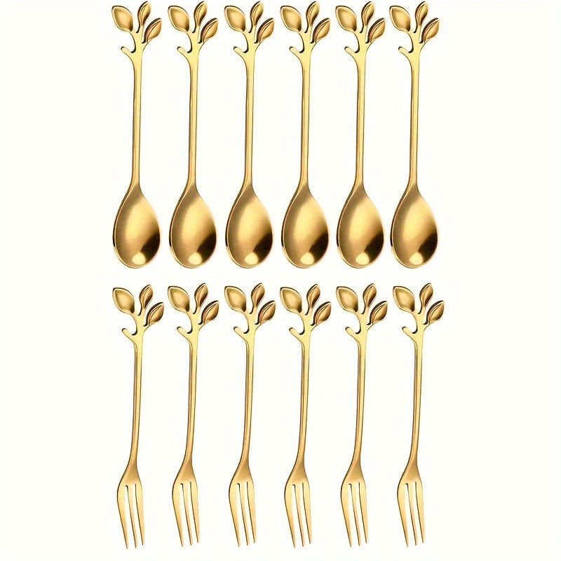 Golden Stainless Steel Spoon Set with Leaf Accents Dishwasher Safe for Stirring Fruit and Appetizers