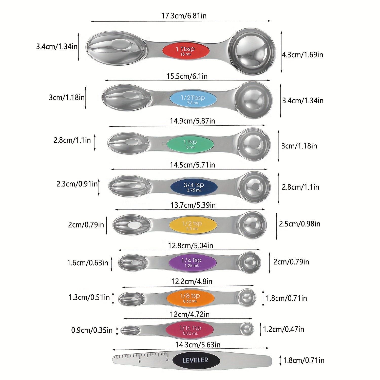 Set of 20 Stainless Steel Measuring Cups and Spoons with Magnetic Leveler