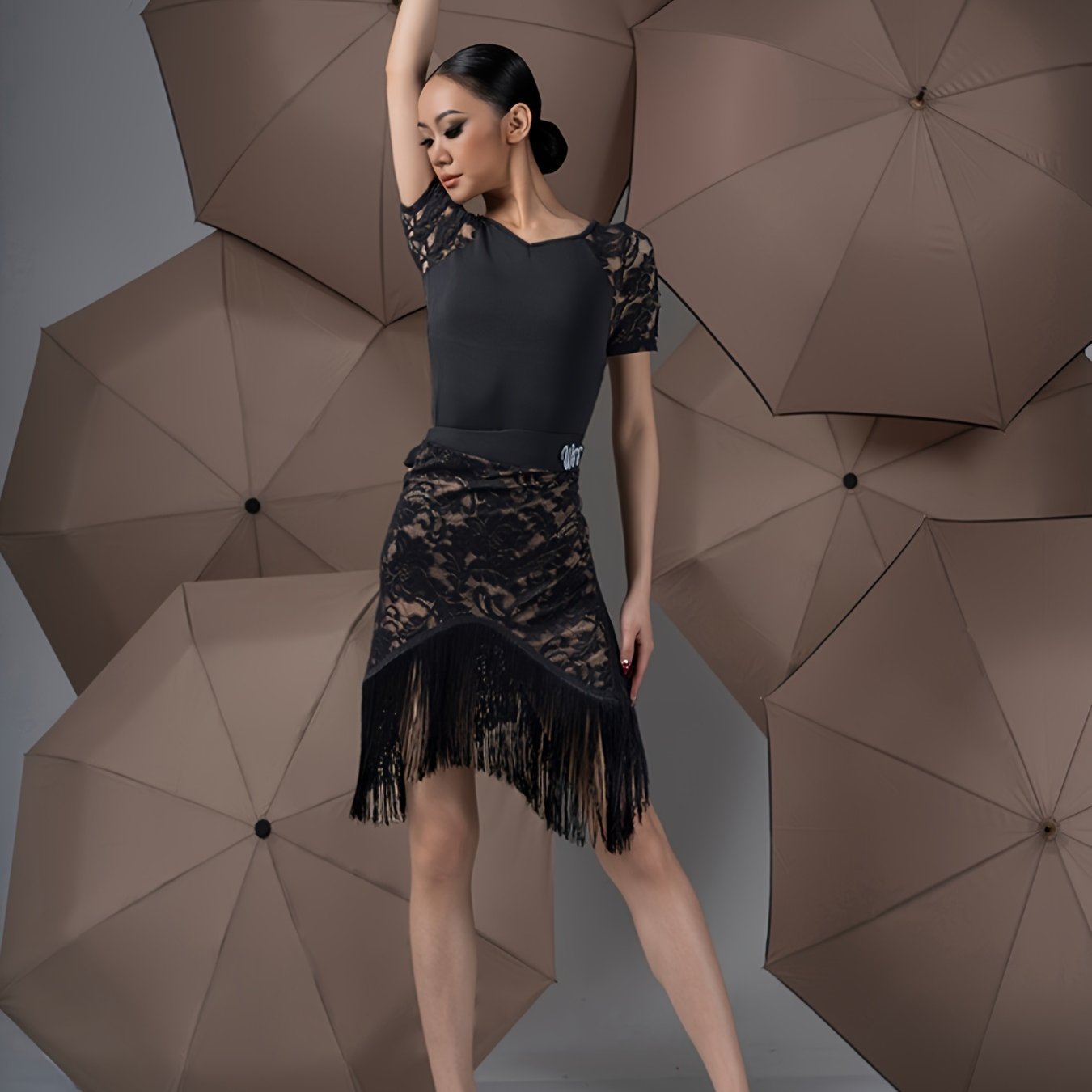 Falda de baile latino para mujer talla plus con doble capa de encaje, borlas y diseño asimétrico