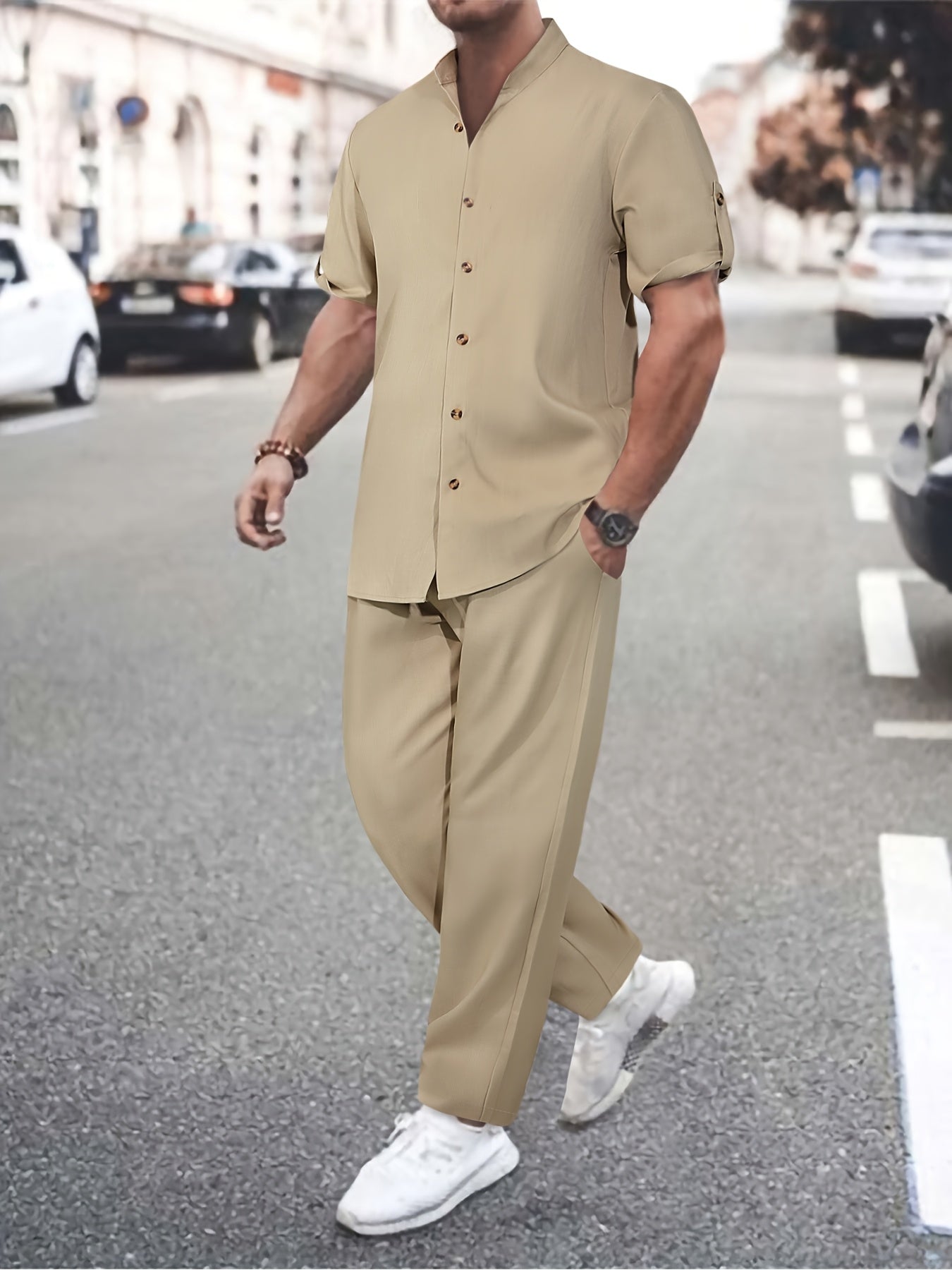 Casual Short-Sleeve Shirt and Long Pants Outfit Polyester Solid Color All-Season