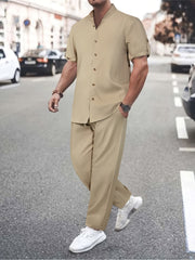Casual Short-Sleeve Shirt and Long Pants Outfit Polyester Solid Color All-Season