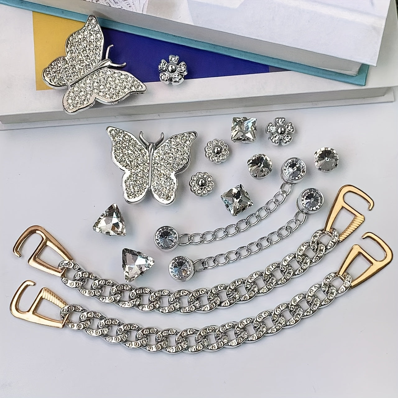 Women's Silver Butterfly Shoe Accessories Set with Chains and Decorations