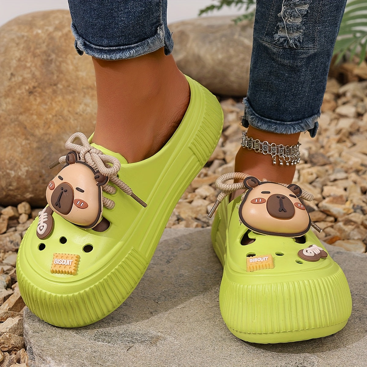 Women's Summer White EVA Clogs with Bear Charm and Thick Sole