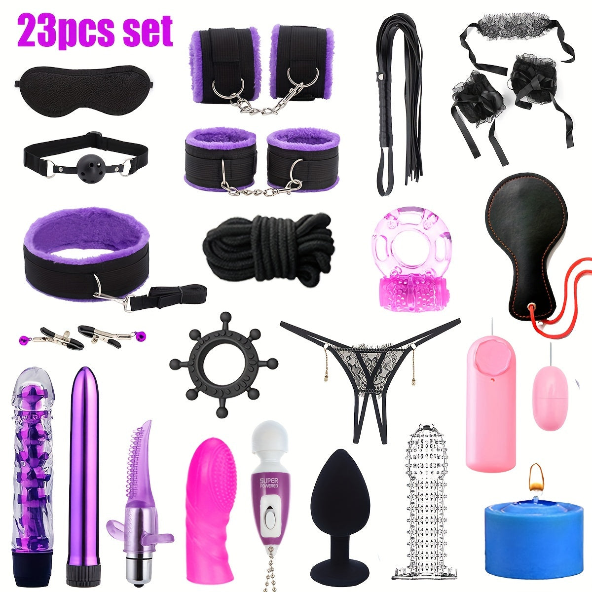 Adult Bondage Kit 23 Pieces, Metal and Silicone, BDSM Sex Toys for Couples