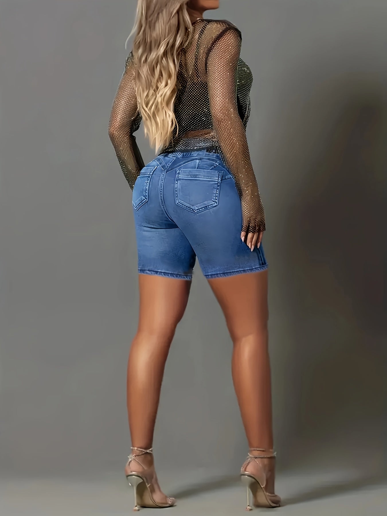 Women's High Stretch Denim Bermuda Shorts Solid Color Washed Jean Spring Summer High Waisted