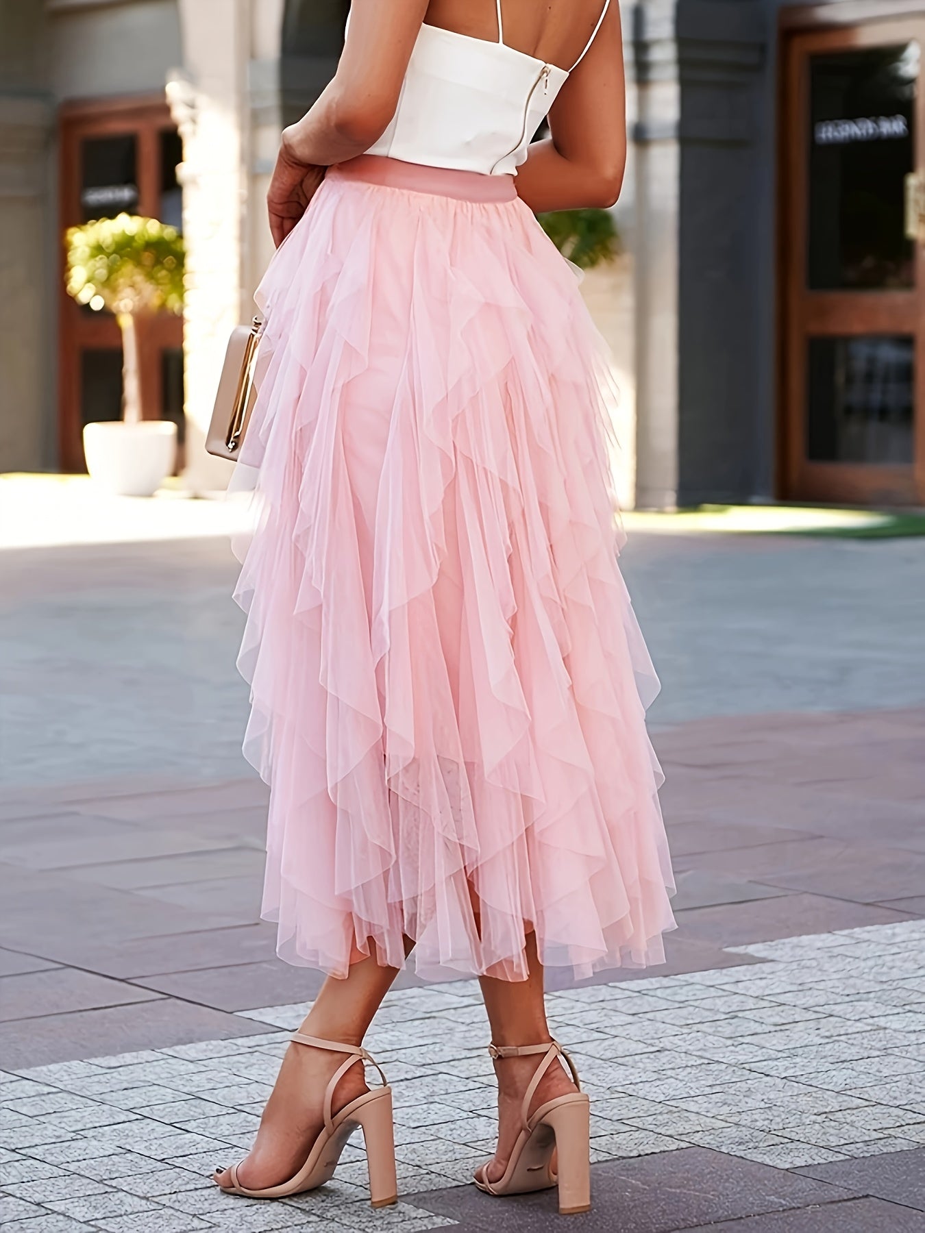Plus Size Women's High-Waisted Flared Tulle Skirt Elastic Waist All-Season