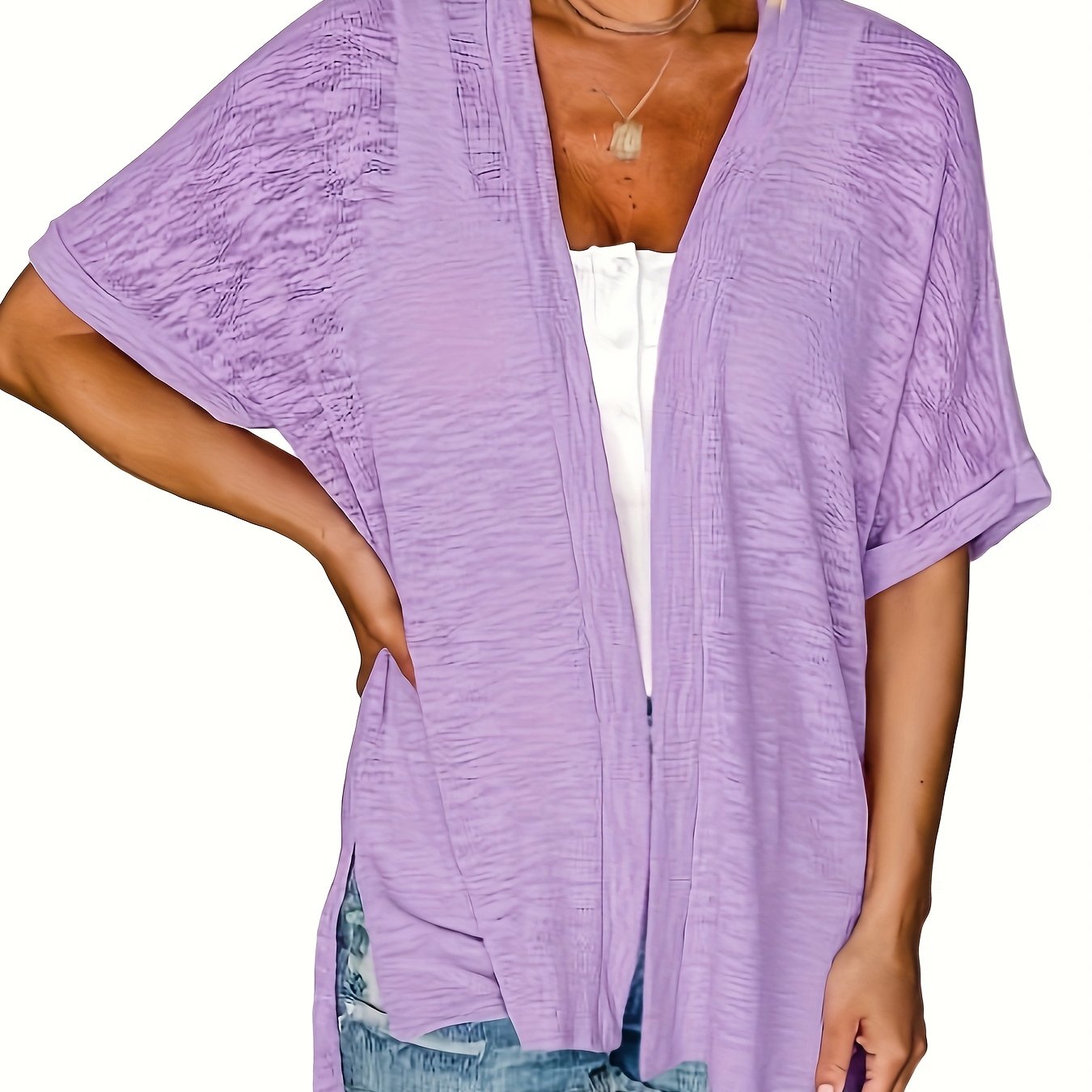 Cárdigan kimono azul marino para mujer, ligero, de manga corta y abertura frontal