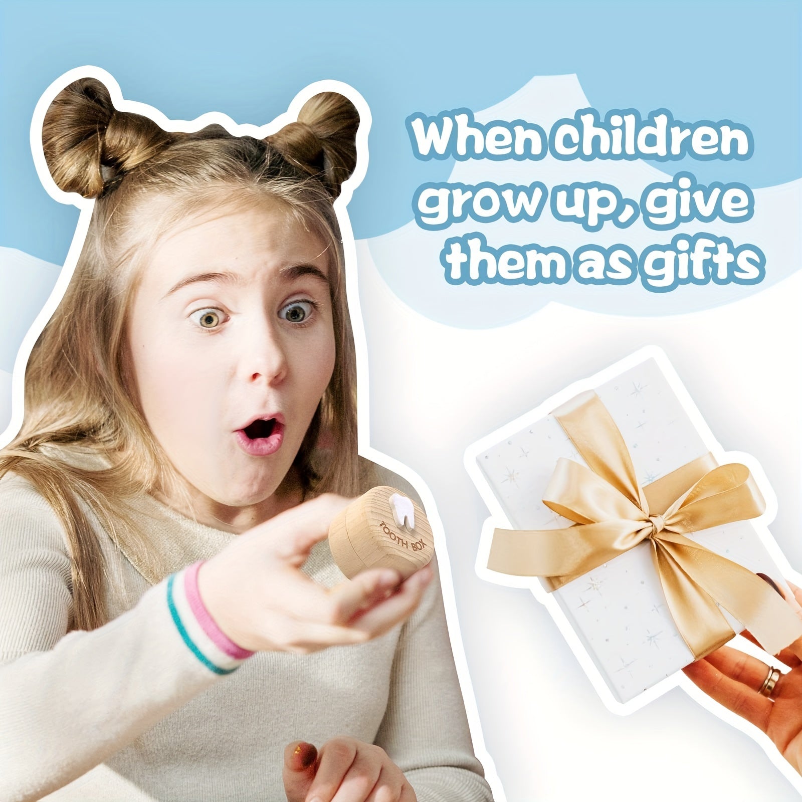 Caja de hada de dientes de madera tallada en 3D para niños y niñas