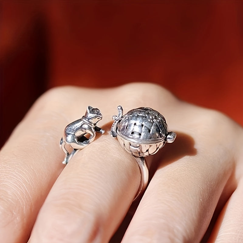 Jozibali Vintage Ilhomlangan Baxtli Mushuk Halqasi - Moslashuvchan, Ochiq Usulda Aromaterapiya Elementi bilan, Ayollar uchun Zamonaviy Qotishma Aksessuar