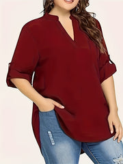 Plus Size V-Neck Long Sleeve Blouse for Spring and Fall Solid Polyester