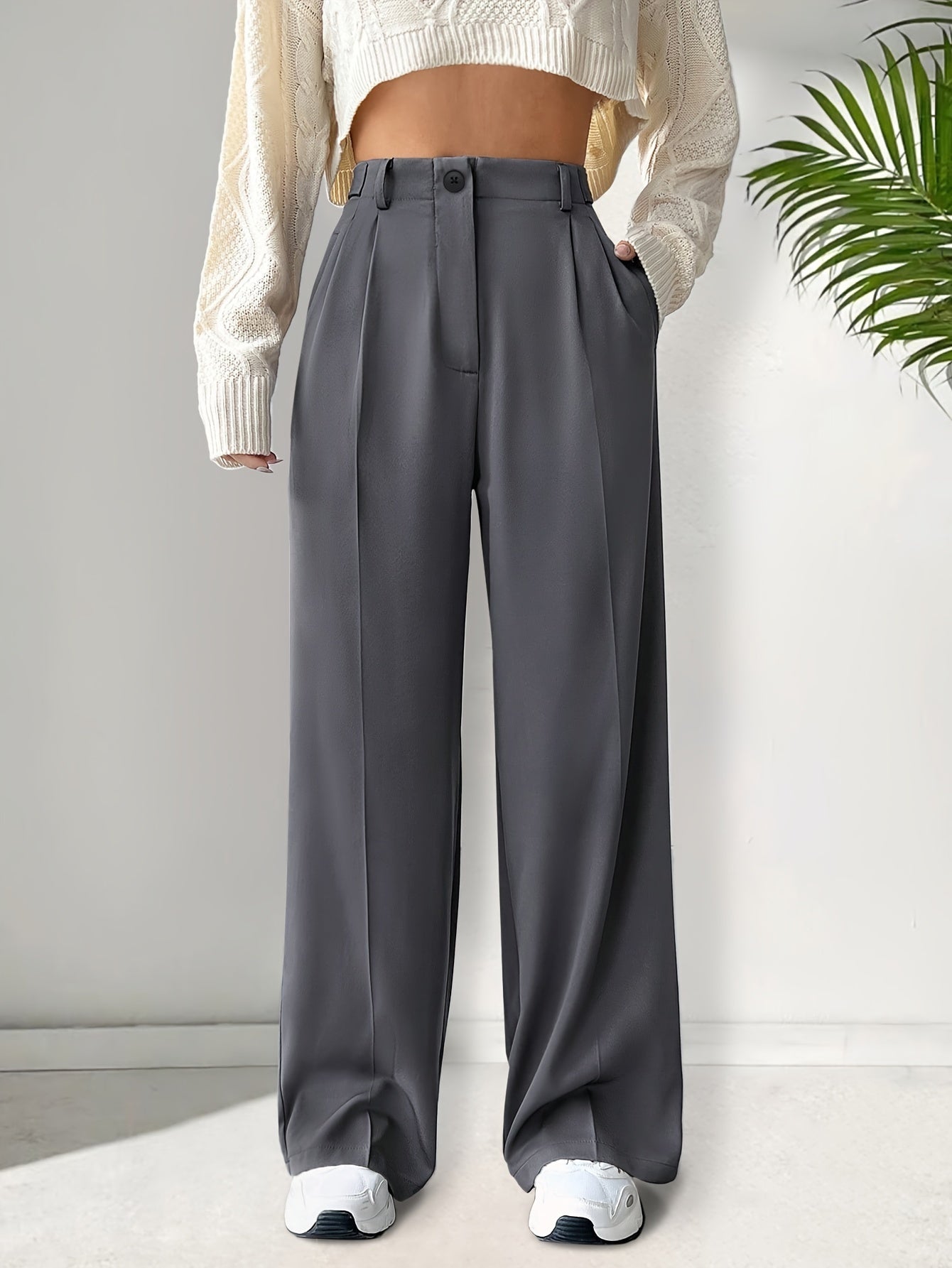 Women's Solid Color Work Pants with Dual Pockets Long Casual Trousers