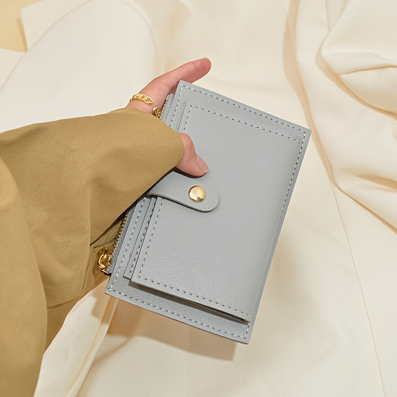 Women's Bifold Wallet with Zipper Snap Button in Pink Blue Black Light Brown PU Material