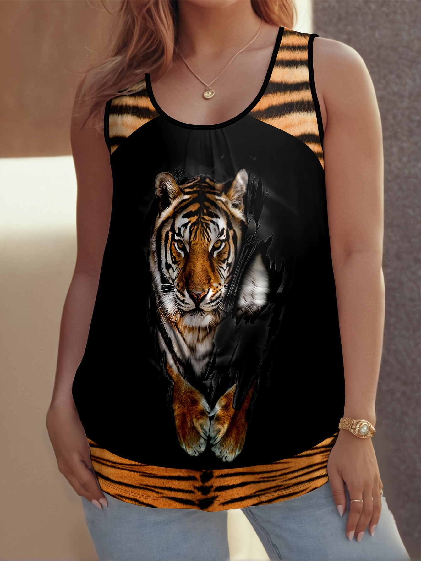 Women's Plus Size 3D Tiger Print Tank Top Loose Off-Shoulder Summer Sleeveless Vest