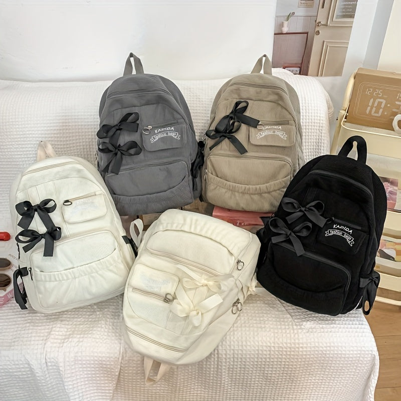 Ayollar uchun 1 dona korduroy bowknot ruksak, shirin uslub, chiziqli dizayn, sozlanadigan yelka tasmalari, noutbuk bo'limi, zip yopilishi, polyester astar, qo'l yuvish/quruq tozalash - Kundalik tasodifiy