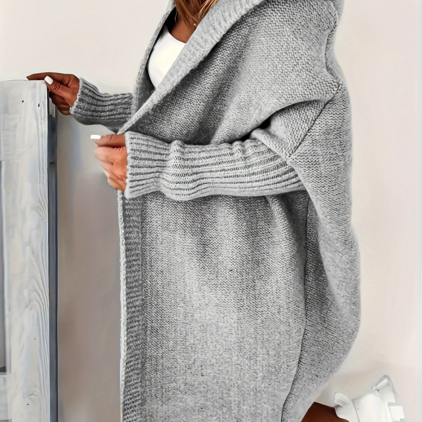 Plus Size Gray Cardigan with Batwing Sleeves for Spring Fall Casual Knit Polyester