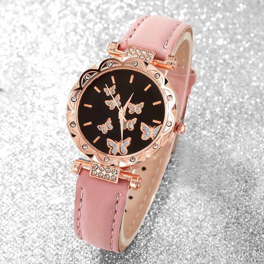 Women's Quartz Watch and Butterfly Jewelry Set with Round Dial and Faux Leather Strap
