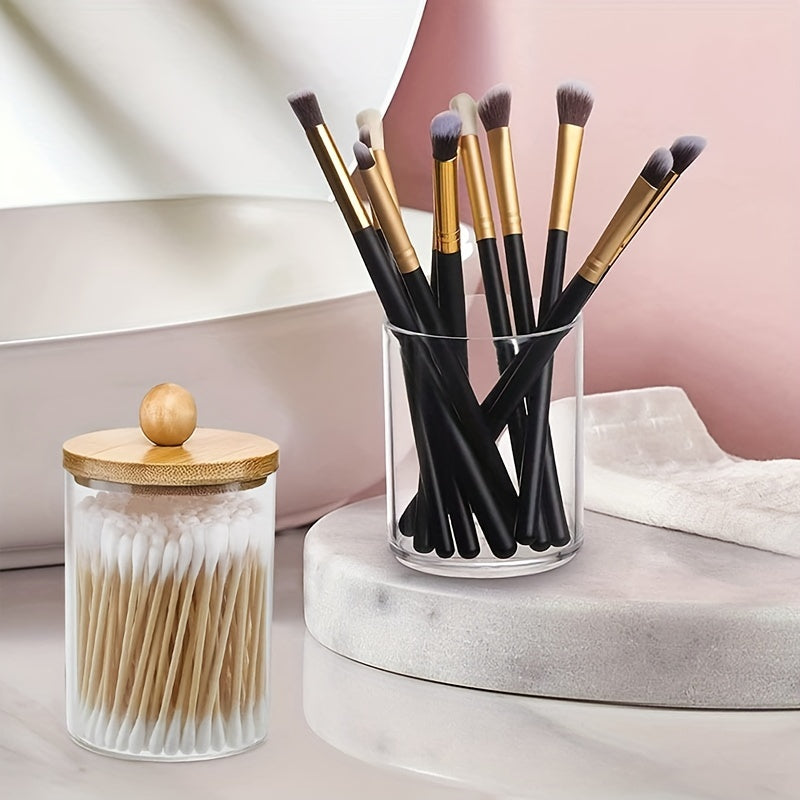 Bathroom Storage Organizer Set with Bamboo Lids and Tray for Cotton Swabs, Pads, and Floss