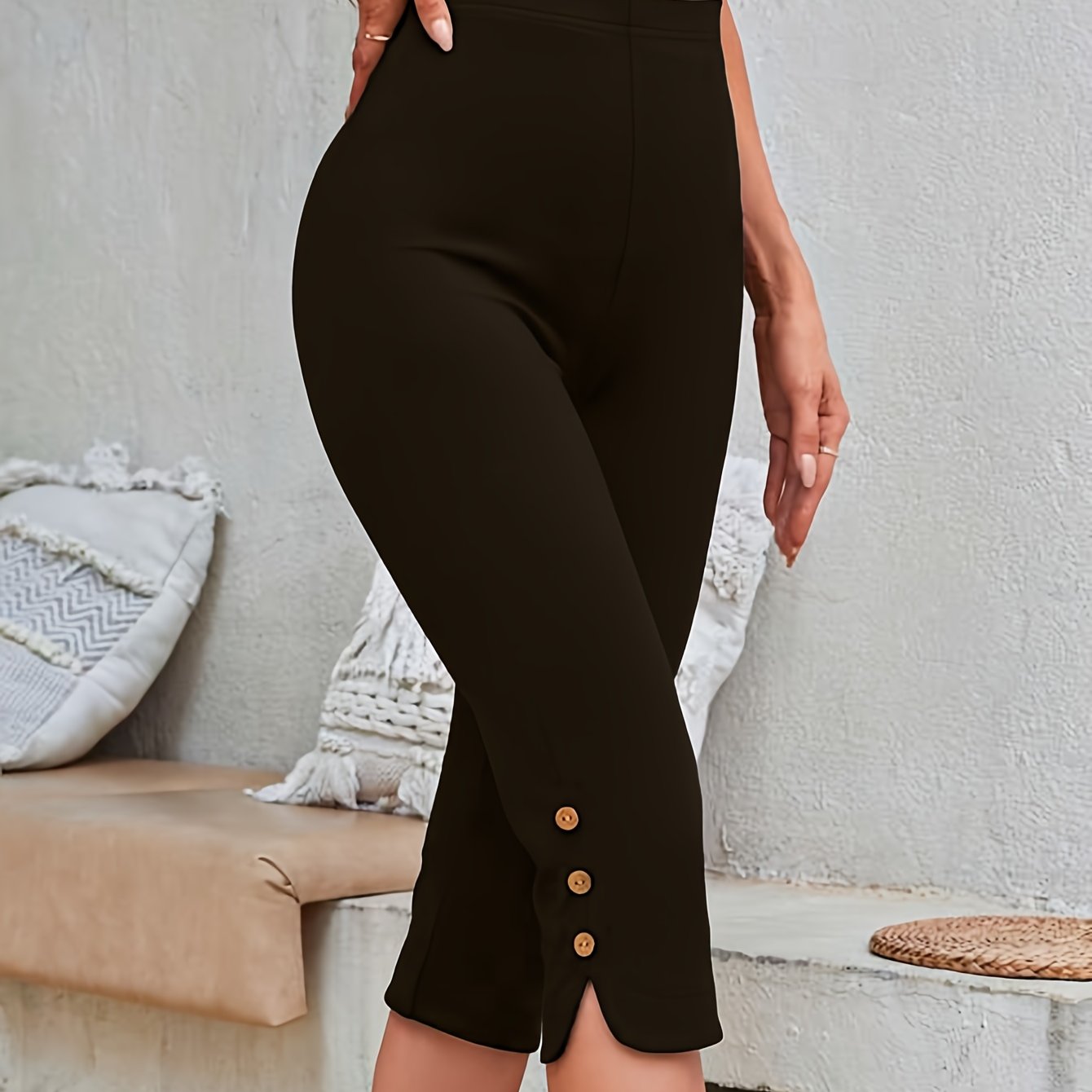 Women's High Waist Skinny Capris with Button Detailing Summer Leggings