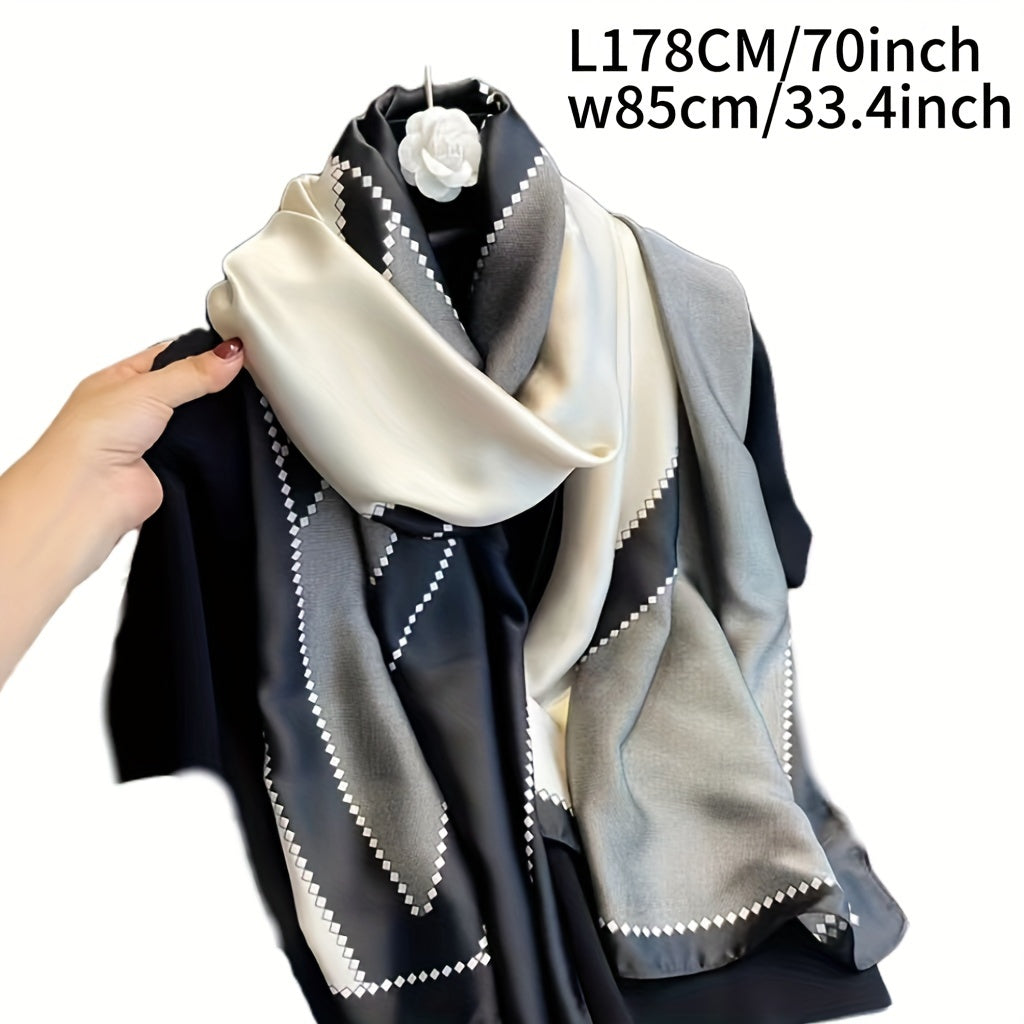 Big V Color Block Satin Shawl for Women Lightweight Windproof Sun Protection Scarf