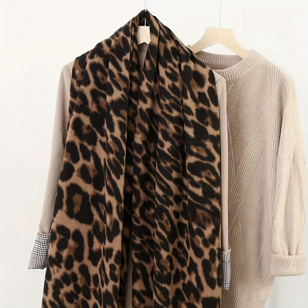 Leopard Print Faux Fur Scarf for Women Winter Cashmere Feel Tassels Warm Accessory
