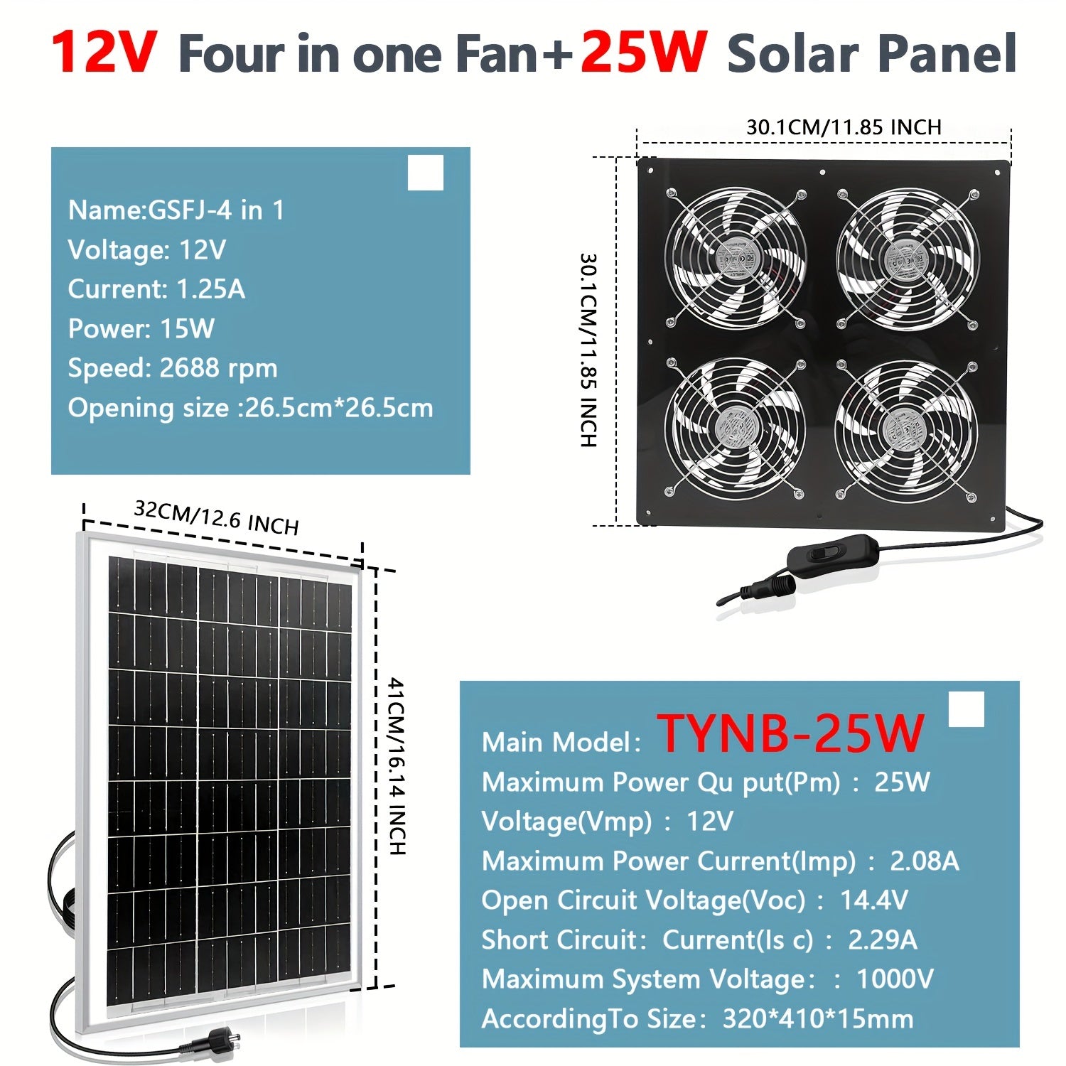 Quyosh energiyasi bilan ishlaydigan 25W ventilyator, litiy batareya bilan, it uylarida, issiqxonalarda va podvalda foydalanish uchun