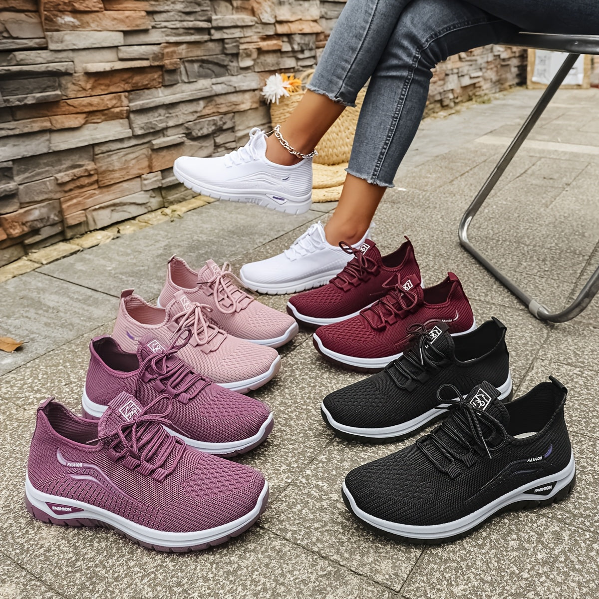 Women's Casual Knit Running Shoes with Lace-Up Patterned Design