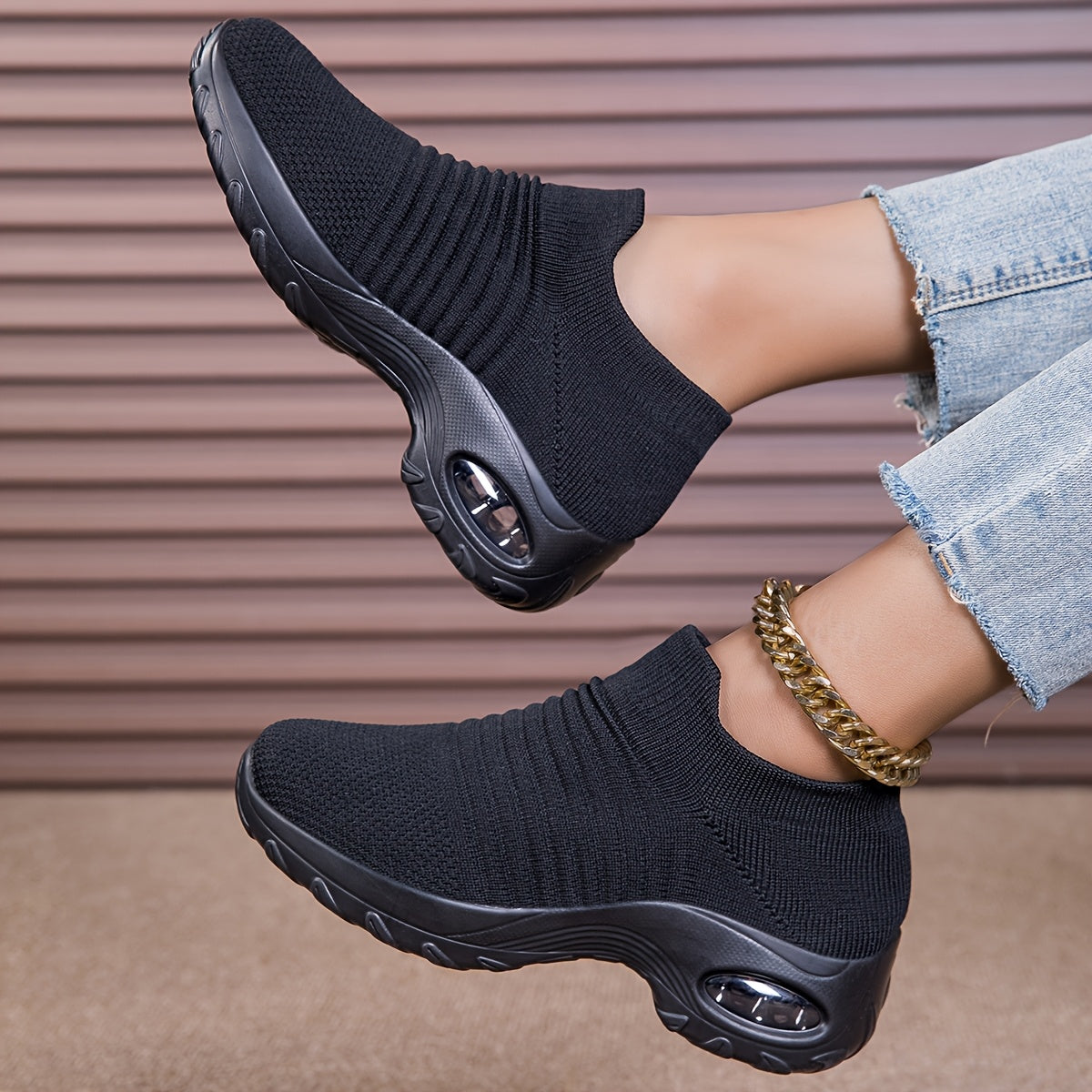 Women’s Slip-On Sneakers Breathable Knit Upper Cushioned Sole Black
