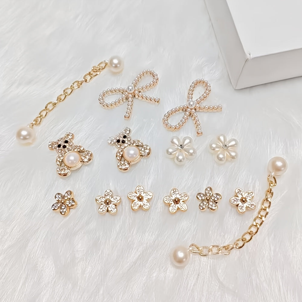 Unisex Pearl and Crystal Shoe Charm Set Detachable Accessories for Sandals