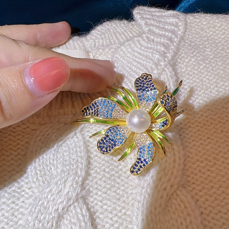 Брошь-цветок пион с искусственным жемчугом и стразами для женщин