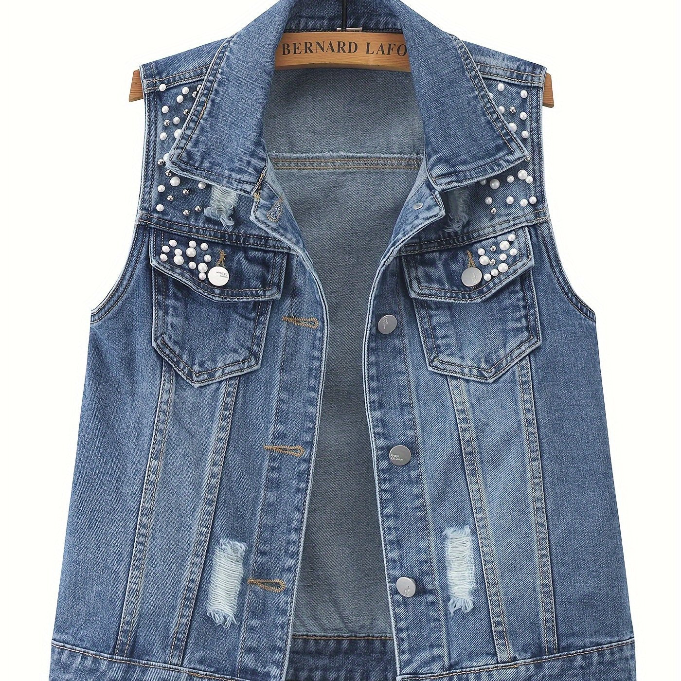Plus-Size Pearl Beaded Denim Vest Ripped Sleeveless Jean Jacket for Spring Fall Light Blue