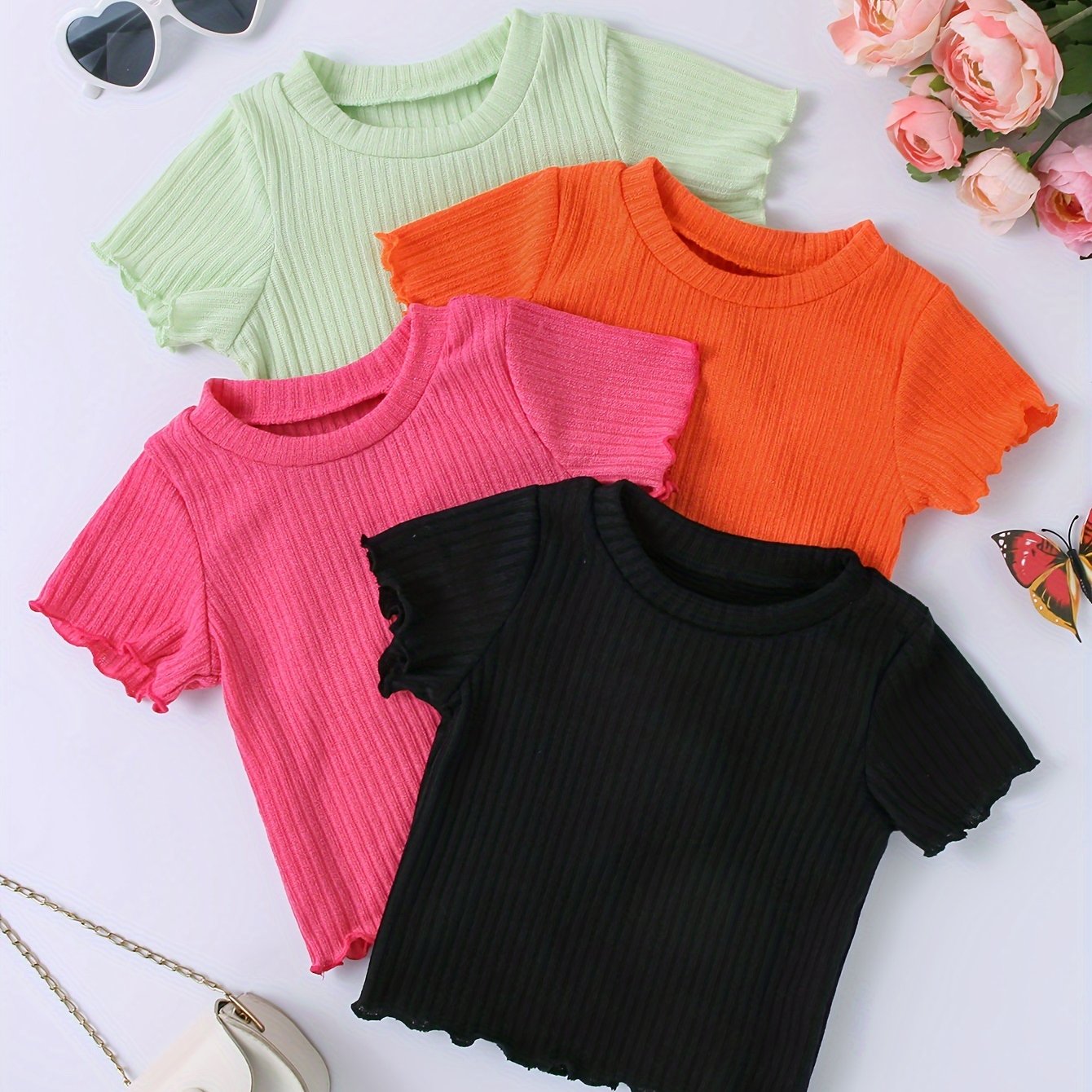 Детские летние футболки с коротким рукавом из рибаны однотонные, упаковка из 4