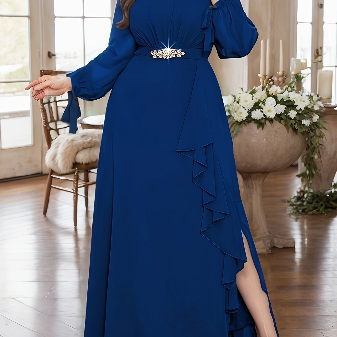 Plus Size Women's Chiffon Bridesmaid Dress with Rhinestones Purple