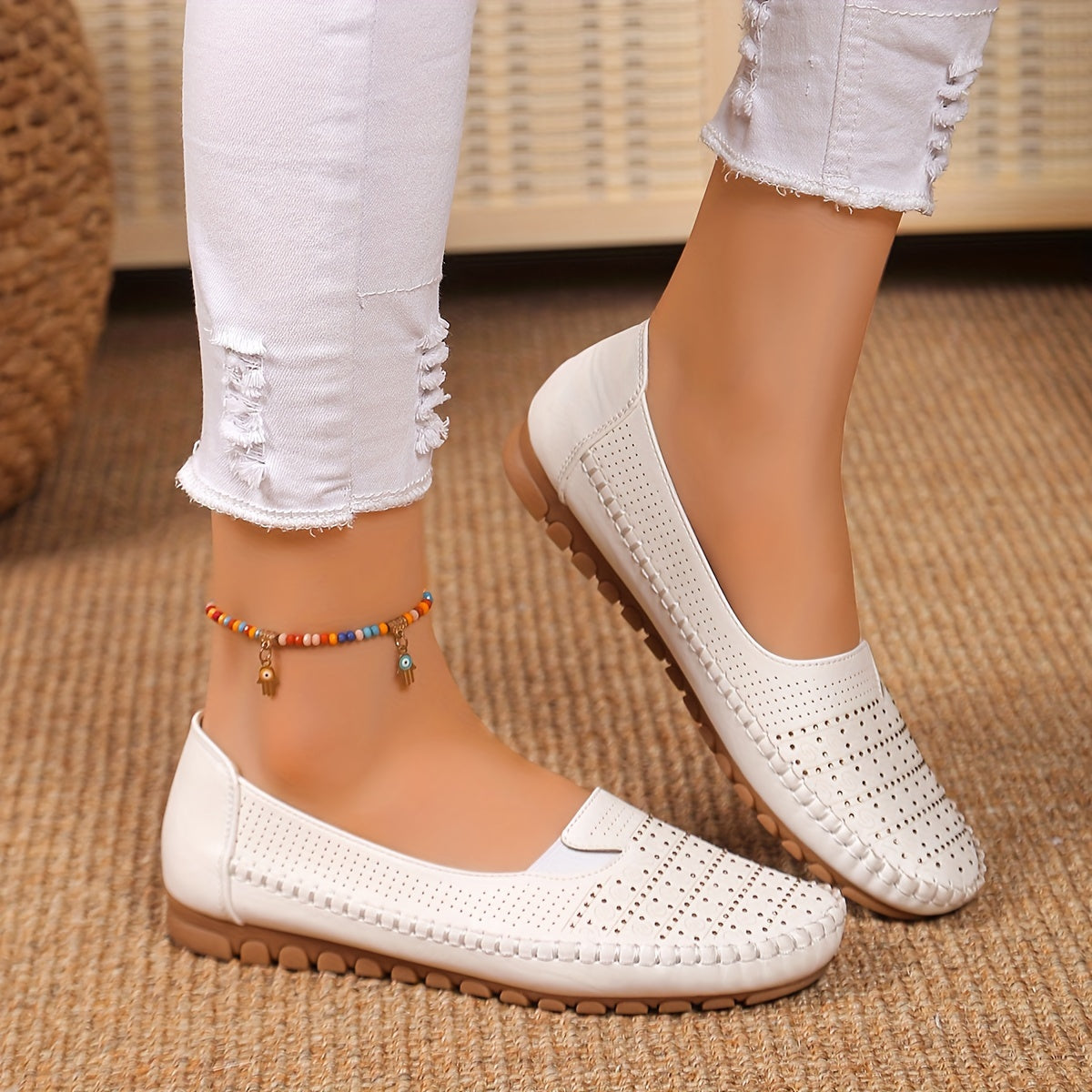 Women's White Slip-On Flat Shoes Lightweight Perforated Casual Comfort