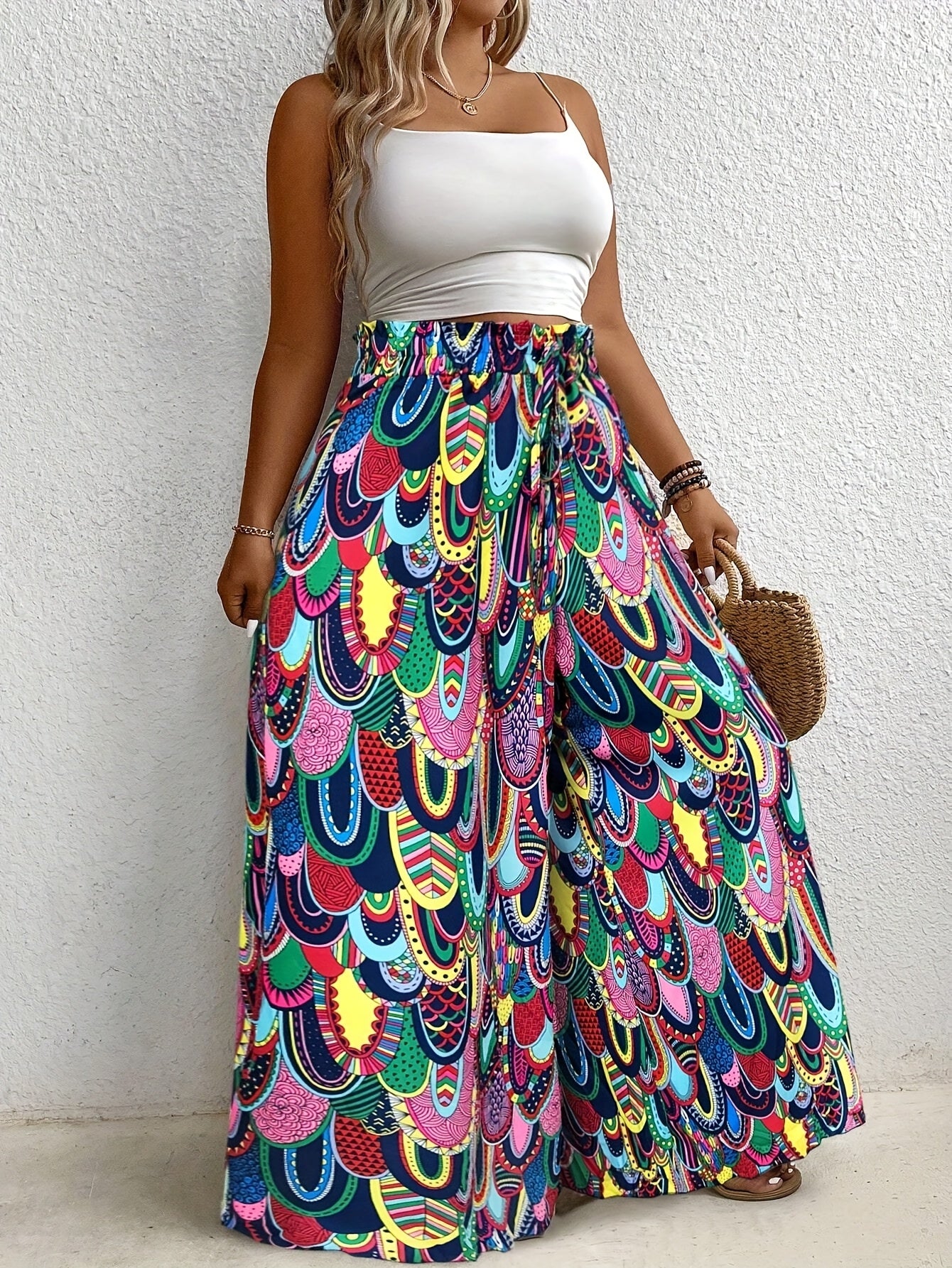 Women's Wide-Leg Beach Pants with Paisley Print Elastic Waist Casual