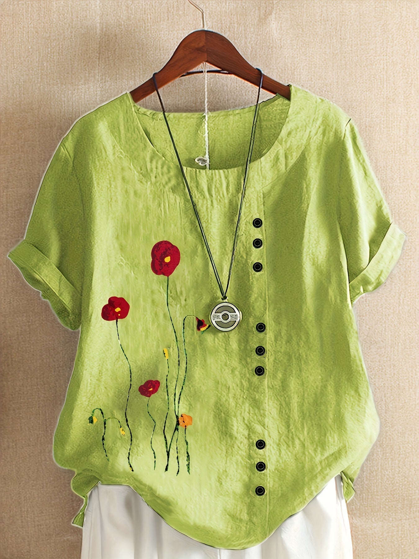 Plus Size Floral Print Blouse Soft Polyester Blend Short Sleeve Casual Top for Women