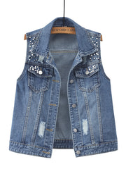 Women's Loose Denim Vest Shawl Spring Autumn Casual Jacket Blue Large