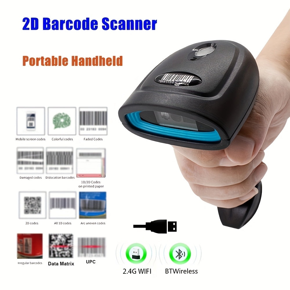 Handheld 2D Barcode Scanner with USB Wired and Wireless Bluetooth for Retail Warehouse Payments