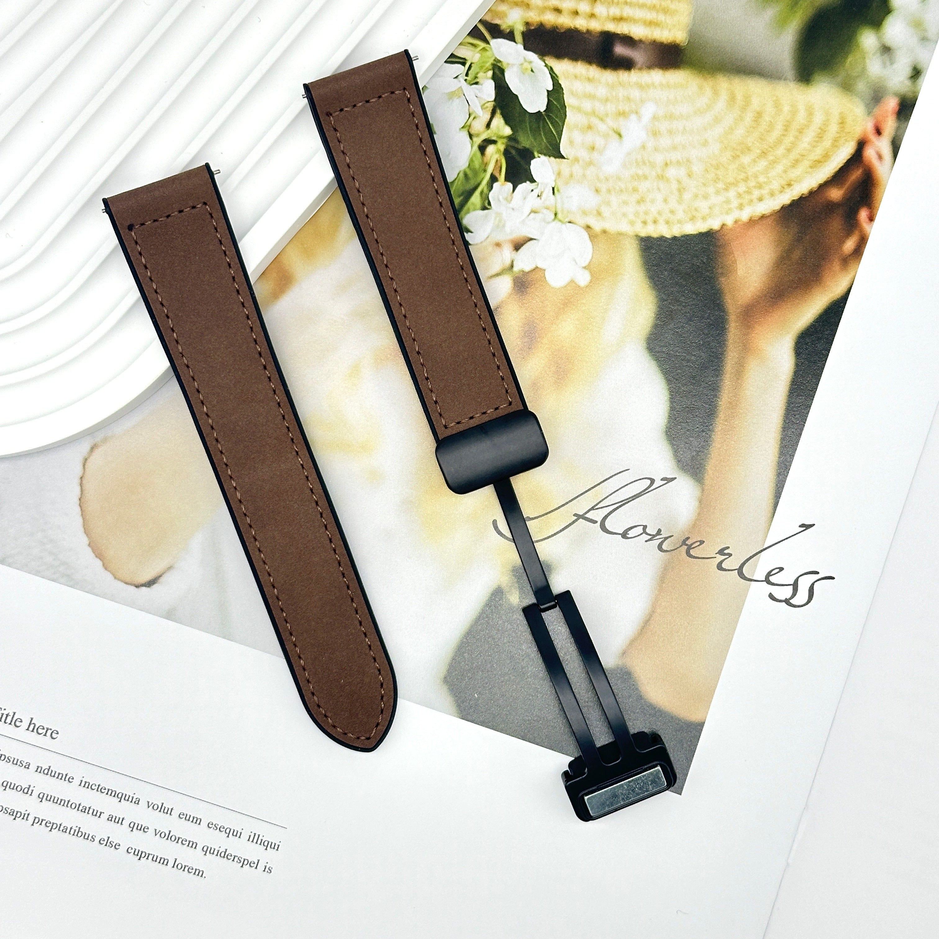 Faux Leather Watch Strap with Foldable Clasp for Galaxy, Huawei, Amazfit Smartwatches