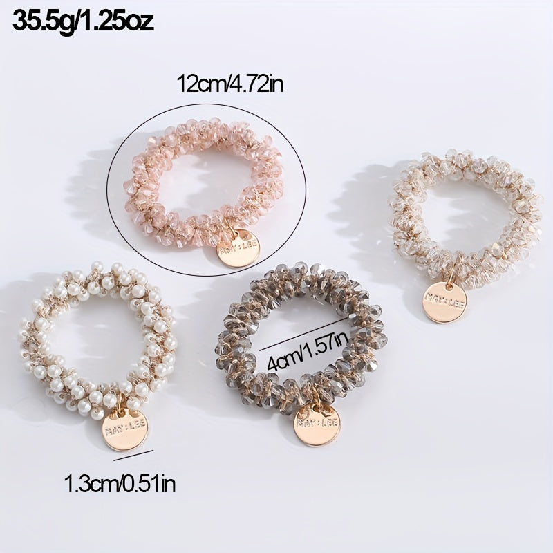 Set of 4 Stylish Faux Pearl Elastic Hair Ties for Women