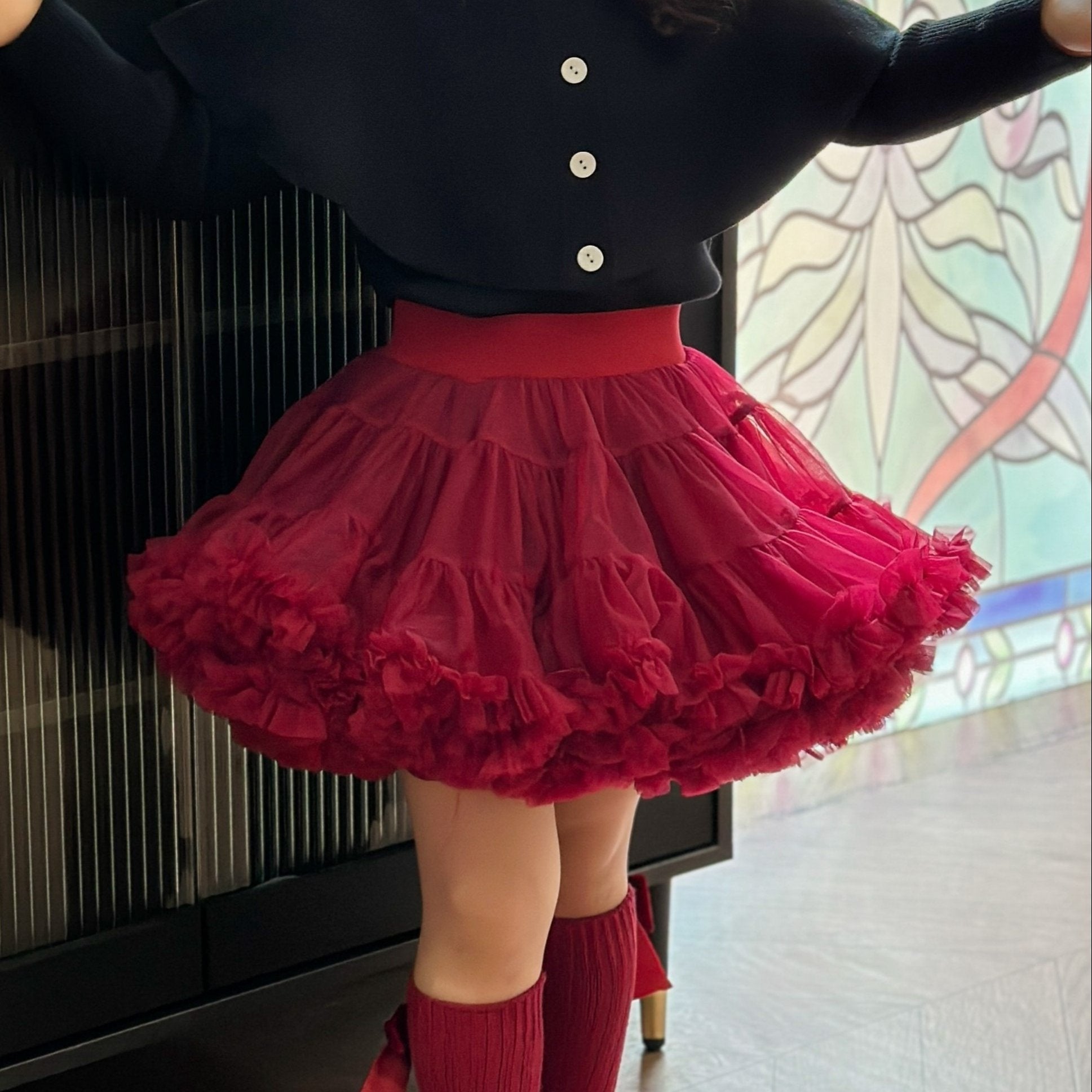 Girls' Princess Skirt in Wine Red Baroque Style with Tulle Overlay for All Seasons