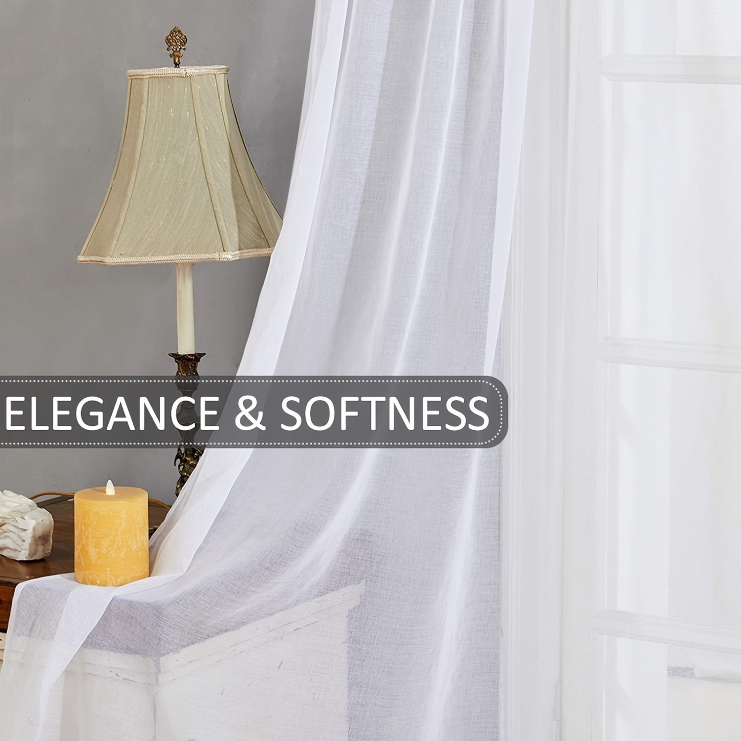 Juego de 2 cortinas de cocina semi-translúcidas con textura de lino blancas para cafetería, sala de estar y dormitorio