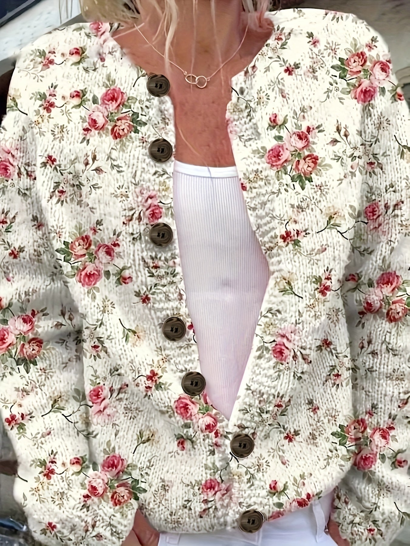 Women Spring Autumn Floral Pattern Long Sleeve Cardigan Lightweight Sweater